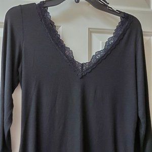 INC Black V NECK LACE TRIM Top
